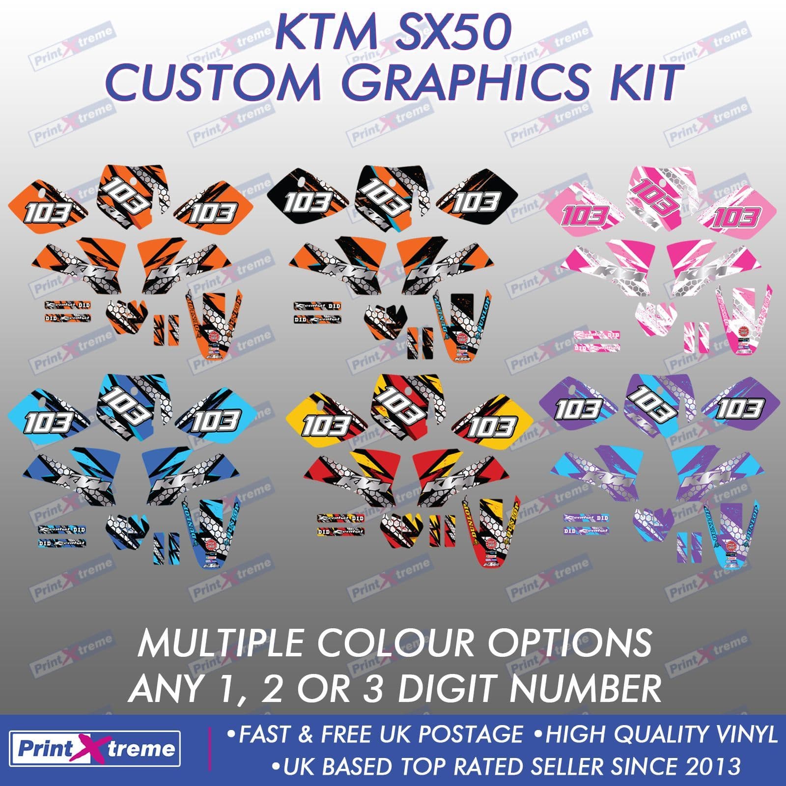 KALAIR GFX Graphics Kit For KTM 50SX (2002-2008) – Mini Adventure PRO SR JR – Bash Orange/Cyan – Custom Name/Number
