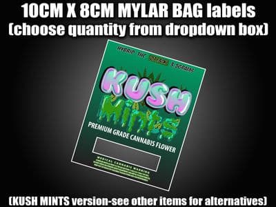 KUSH MINTS MYLAR BAG POUCH LABELS 10CM X 8CM Cali Stickers RX Medical