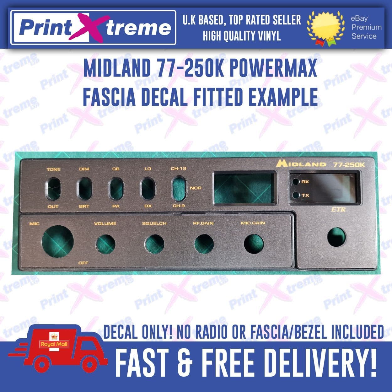 MIDLAND 77-250K POWERMAX cb radio faceplate Decal Sticker adhesive vinyl