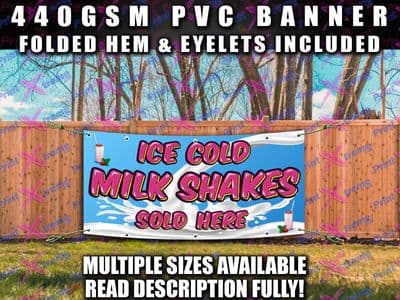 MILK SHAKES MILKSHAKE SOLD HERE BANNER SIGN SIGNS ICE CREAM REFRESHMENTS CAFE