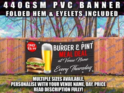 PERSONALISED BURGER PINT MEAL BANNER SIGN SIGNS Outdoor PVC PUB, BAR, RESTAURANT