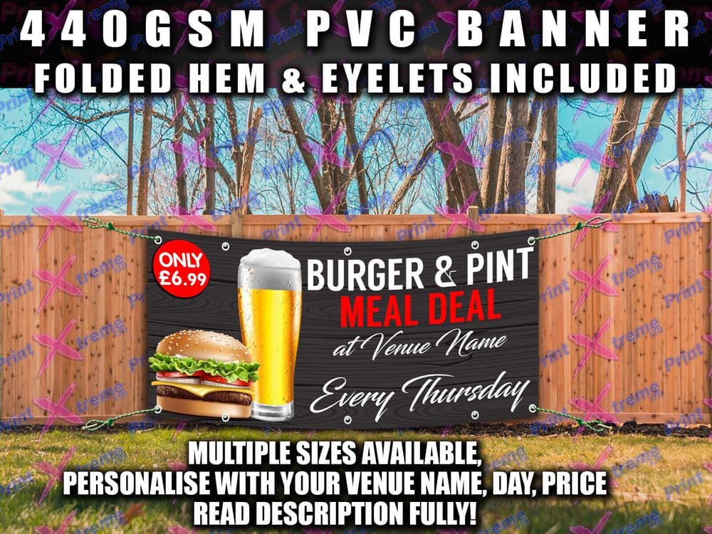 Burger Prom Signs PERSONALISED BURGER PINT MEAL BANNER SIGN SIGNS Outdoor PVC PUB BAR ...