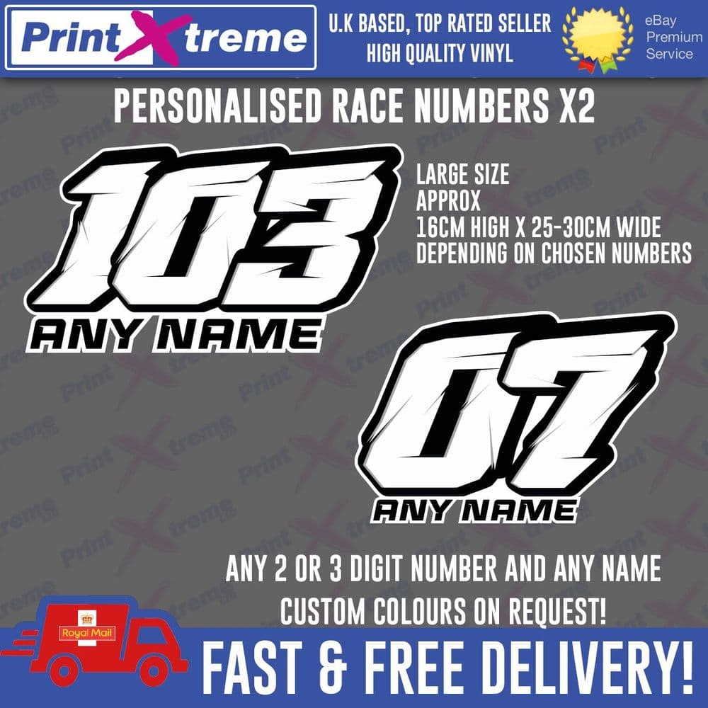 Car Rider Numbers RACE NUMBERS Decals Stickers x2 Moped Motorcycle scooter RACING quad go ...
