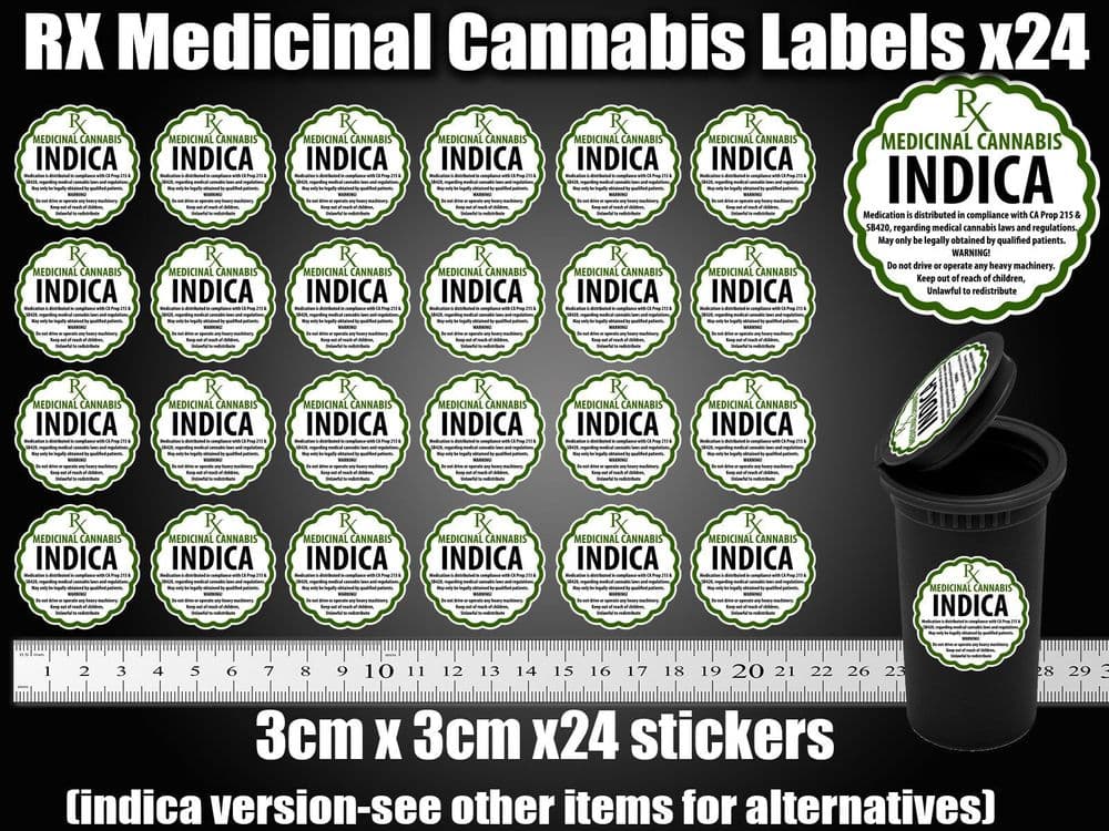 RX Medical Cannabis INDICA Labels Stickers 13 Dram pop top Marijuana ...