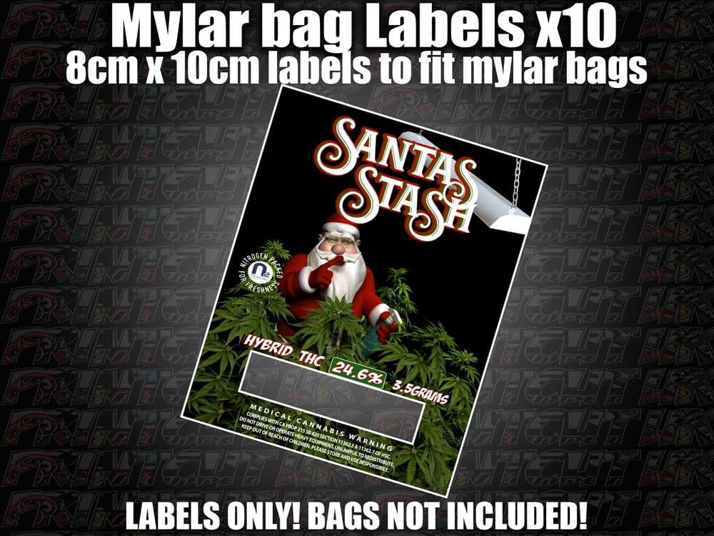 SANTAS STASH MYLAR BAG POUCH LABELS 10CM X 8CM Cali Stickers RX Medical