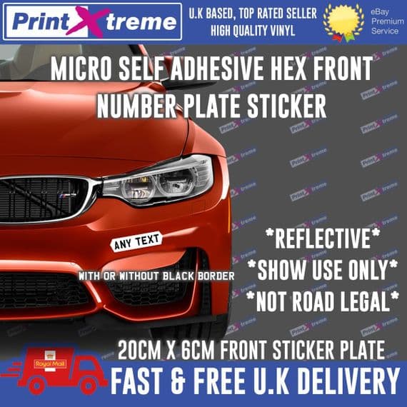 Stick On Number Plate MICRO HEX 200 x 60mm Registration Sticker Show Car FRONT