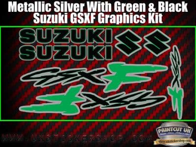 Suzuki GSXF Green Black Silver Graphics Sticker Kit, 7 piece Set
