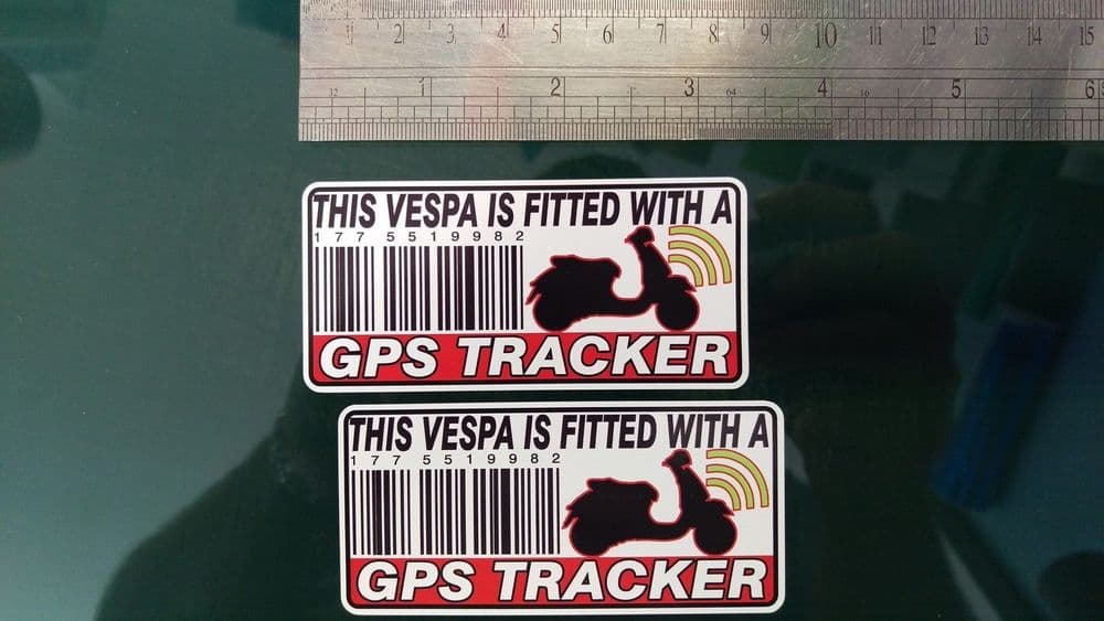 This VESPA Is Fitted with a GPS Tracker Stickers Decal x2 Alarm Lock