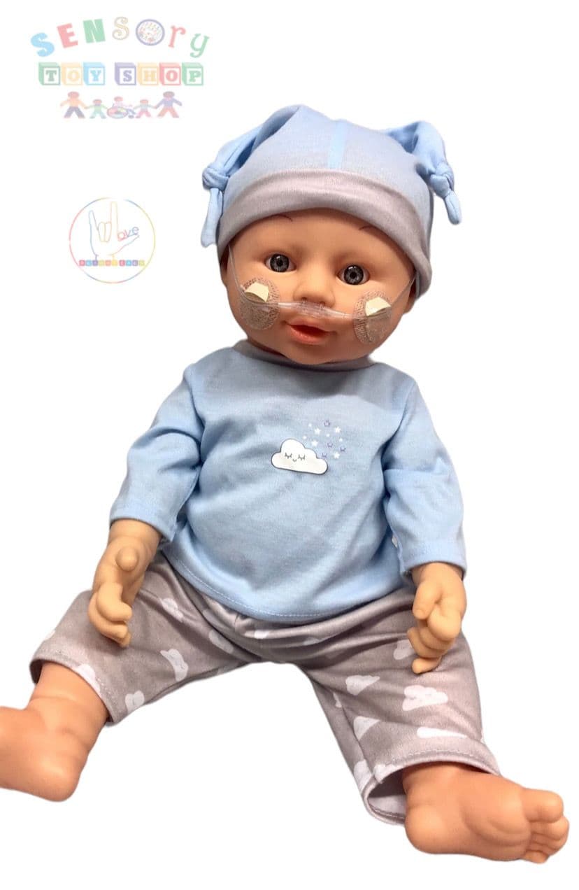 Doll with Oxygen O2 Nasal Cannula Blue Clothing