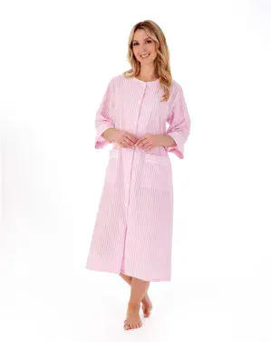Slenderella Seersucker Popper Midi Housecoat With Cotton