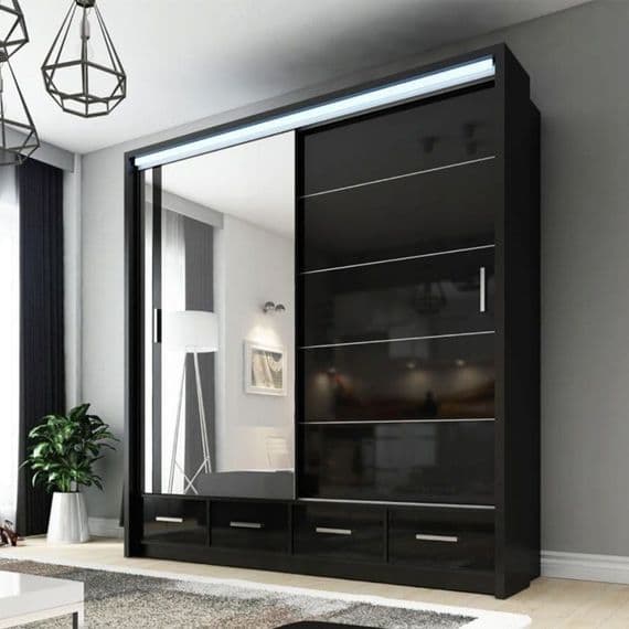 2m Bianca High Gloss 2 Door Sliding Wardrobe With LED Lighting  Display