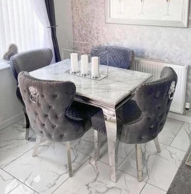 Louis Grey Marble Dining Table With 4 Chelsea Lion Knockerback Chairs