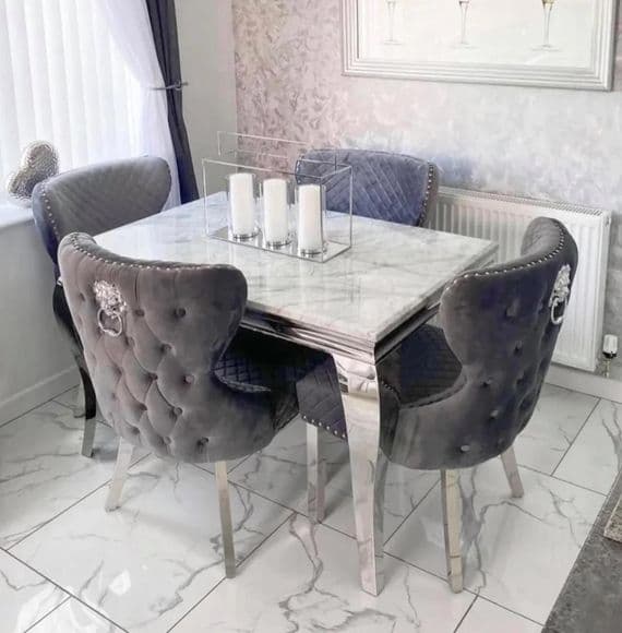 Louis Grey Marble Dining Table With 4 Chelsea Lion Knockerback Chairs