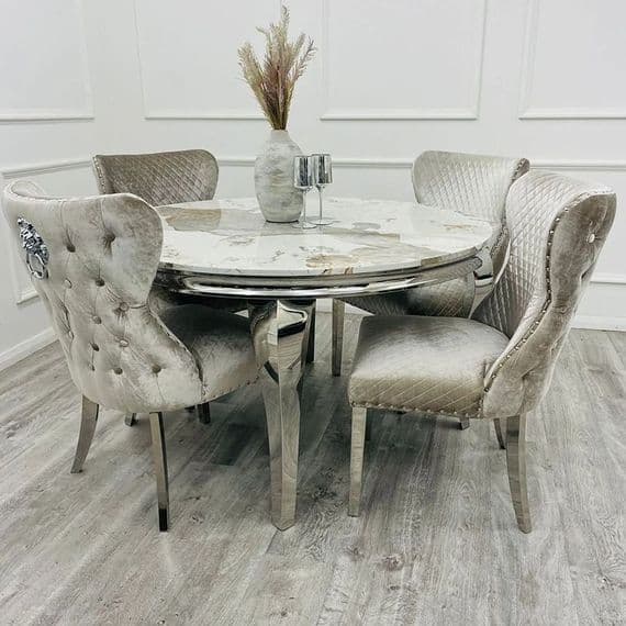 Vida 1.3m Round Grey Marble Dining Table With Chairs
