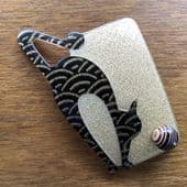 (SOLD) A Lea Stein Art Deco Style Cat and Ball Brooch with Fabric layers