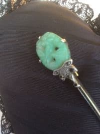 . Art Deco Jabot Pin - 1930s Silver and Faux Jade Brooch
