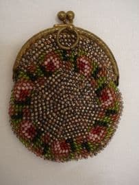 19 th Century Hand Beaded Chatelaine Purse - Pink Floral Decoration(SOLD)