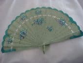 1920's Celluloid Fan in Green Striped Design with Handpainted Floral Work (Sold)