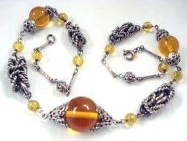 1930's Art Deco Necklace with Elaborate Chromed Chain Work and Amber Glass Marble Beads (SOLD)