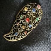 1930's Bohemian Filigree Dress Clip in Antiqued Brass  with Bright Jewels