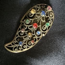 1930's Bohemian Filigree Dress Clip in Antiqued Brass with Bright Jewels