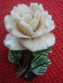 1930's Carved Bone Rose Dress Clip - Small Cream Rose with Green Leaves