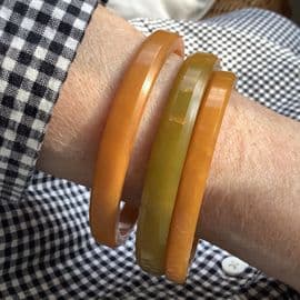 1930s -1940s Bakelite bangles in a Trio Group - Orangey Yellow and Lime Green Spacer Bracelets
