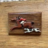 1930s -1940s Brooch - Bakelite Horse and Rider with Hound mounted on Dark Carved Wood