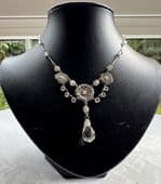 1930s Art Deco Necklace with Drop - White Open Set Crystal and Filigree