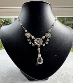 1930s Art Deco Necklace with Drop - White Open Set Crystal and Filigree