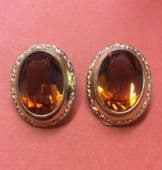 1930s Clip On Earrings with Honey Amber coloured Glass Oval Jewels