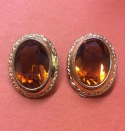 1930s Clip On Earrings with Honey Amber coloured Glass Oval Jewels