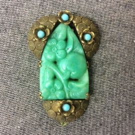 1930s Oriental Dress Clip likely Neiger set with Faux carved Jade and Faux Turquoise Jewels