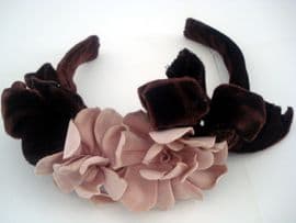 1940's Soft  Brown Silk Velvet Hair Band with Pink Camelia Flowers (sold)