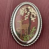 1940s - 1950 Pin - Hand-embroidered brooch - Deer under White Blossom Tree