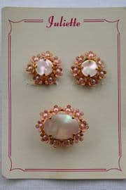 1950s Pale Pink Floral Brooch and Clip on Earrings
