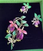 1960's Fuschia Flower Brooch  and Earrings signed Exquisite