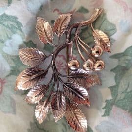 1960's Signed 'Exquisite' Cherries and Leaves Brooch in Copper coloured finish