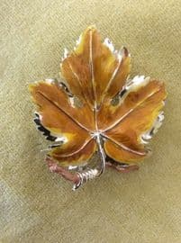 1960s Golden Vine Leaf Pin - A Signed Exquisite Brooch - Ochre Yellow Coloured Centre