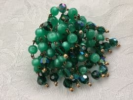 1960s Moonglow Lucite and Austrian Crystal Bead Cascade Brooch - GREEN