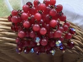 1960s Moonglow Lucite and Austrian Crystal Bead Cascade Brooch - red