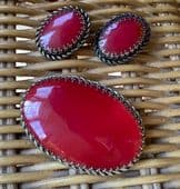 1970s Costume Jewellery Set of Silver-tone and Scarlet Red Glass  Brooch and Earclips