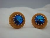 1970s Cufflinks - Petrol Blue Rivoli Crystal in Gold Mesh Design  (SOLD)
