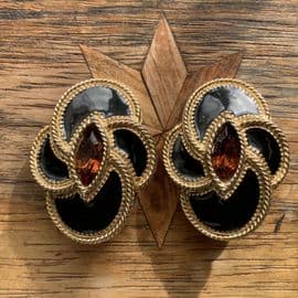 1980s Vintage Butler and Wilson Gilt  Earrings with Black Enamel and Cognac Navette Jewel