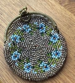 19th Century Hand Beaded Chatelaine Purse - Forget-Me-Knot Floral Decoration