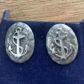 19th Century Victorian Silver Cufflink Converted Earrings - Anchor Design