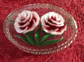 A Carnation Brooch - 1940s Vintage Reverse Carved Lucite  'circle and dot' border   On hold
