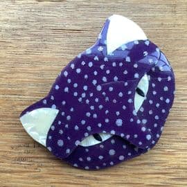 A Dark Purple Silver Spot Cat Face Pin - Signed Lea Stein of Paris Brooch