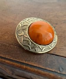 A Mid Century Modern Scarf Clip with orange in golden aluminium - Abstract Pattern Scarf Ring
