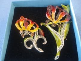 A Pair of Enamel and Marcasite Exotic Flower Brooches - Late 1950's/Early 1960's (SOLD)